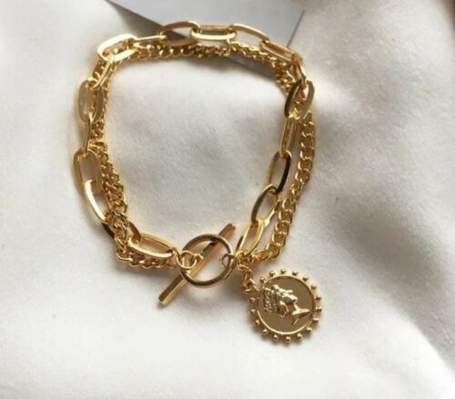 Gold Plated Double Chain Coin Charm Bracelet