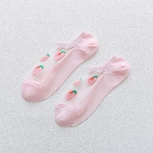 Pink Strawberry Cotton And Sheer Heart Ankle Socks