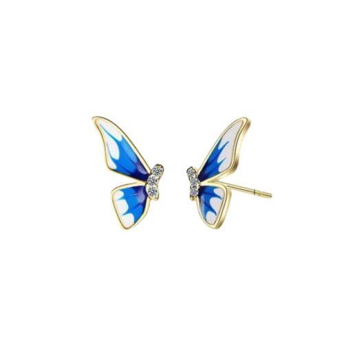 Gold Plated Blue And White Enamel And Zircon Butterfly Copper Stud Earrings