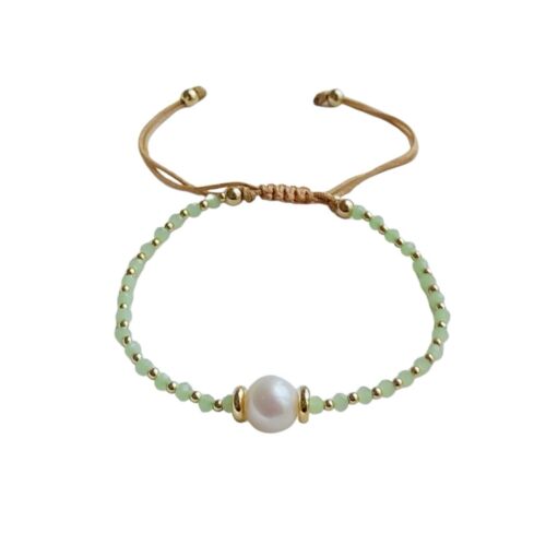 Mint Green Hand Beaded Glass And Pearl Adjustable Strand Bracelet