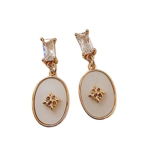 Gold And Off White Enamel Oval Drop Earring