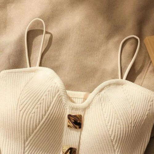 White Sweetheart Fitted Cropped Knit Straps Top With Gold Buttons