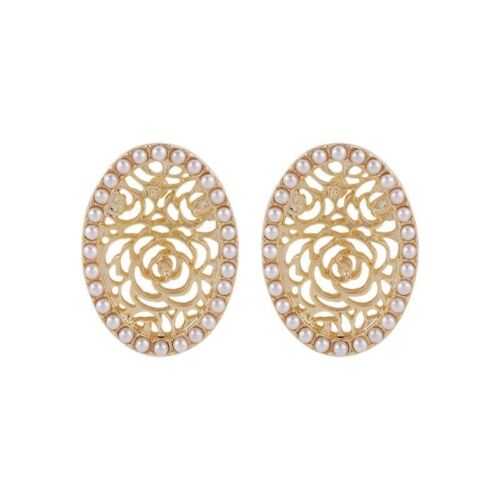 Oval Cut Our Floral Stud Earrings With White Pearls