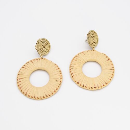 Gold And Beige/Neutral Woven Hoop/ Round Earrings