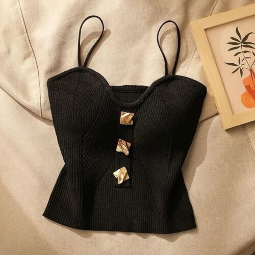 Black Sweetheart Fitted Cropped Knit Straps Top With Gold Buttons