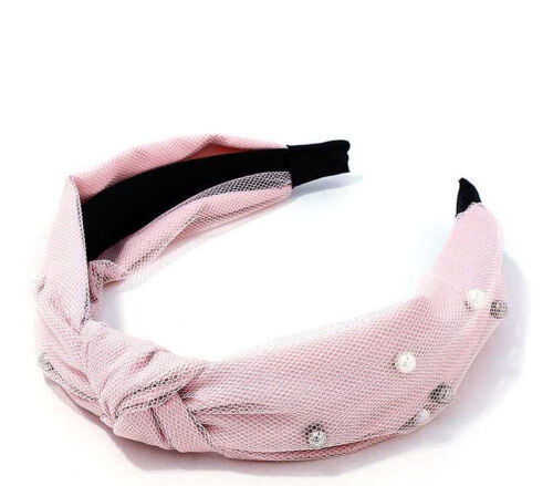 Pink With Pearls And Silver Beads Covered Tulle knot headband/Hairband