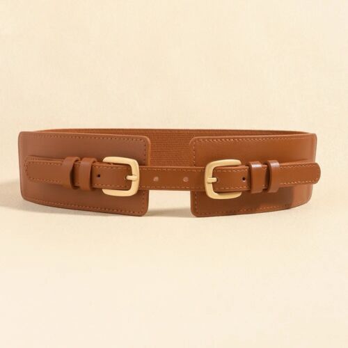 Camel And Gold Double Buckle Adjustable Elastic Band Women’s Belt