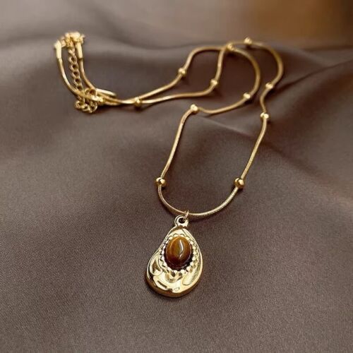 Gold Plated Titanium Steel Chain With Tiger Eye Stone Pendant Necklace