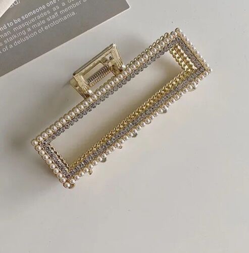 Rectangular Gold Metal Double Row Pearls And Rhinestones Hair Claw