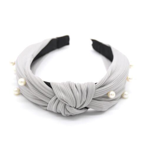 Grey Thinly Gathered Fabric With Lightly Beaded pearls knot headband