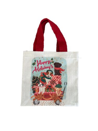 Beige Cotton Canvas Happy Holidays Dogs Mini Tote Bag