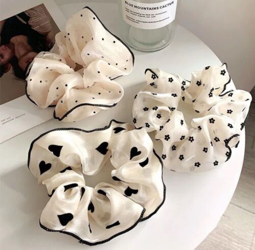 Black And White Floral Chiffon Hair Scrunchies 3 Piece  Set