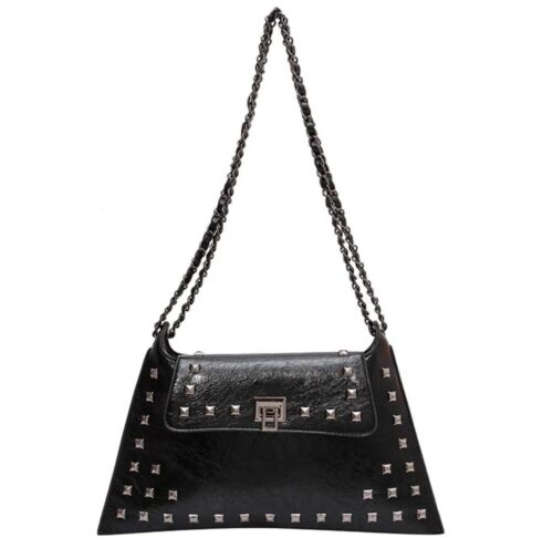 Black Studded Faux Leather With Black Metal Accents Women’s Bag