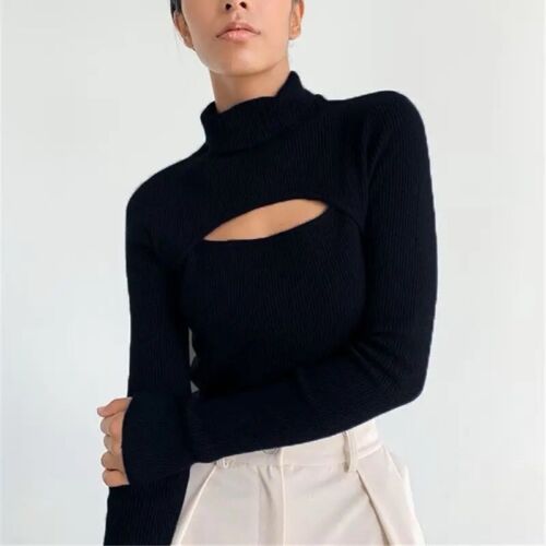 Black Turtle Neck Women’s Ribbed Top With Cutout Size M