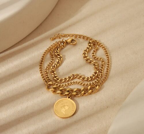 Gold Plated Stainless Steel Triple Chain Coin Charm Bracelet