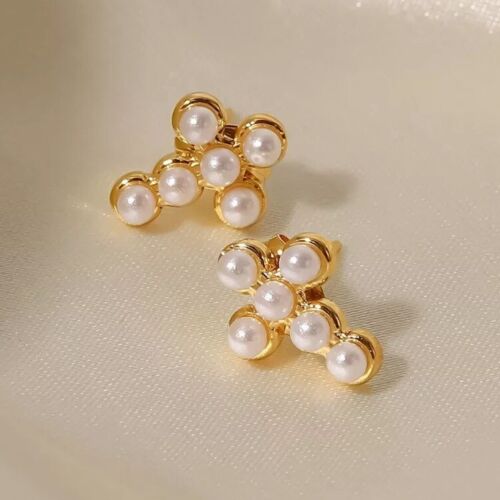 Gold Plated Stainless Steel Pearls Cross With Stud Earring