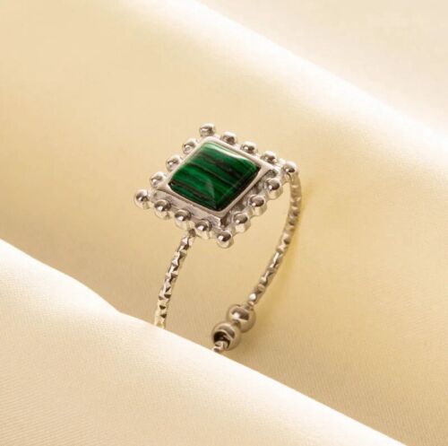 Silver Stainless Steel Green Stone Adjustable Vintage Style Ring