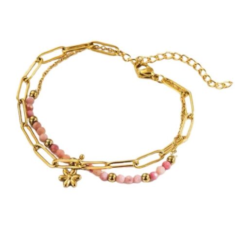 Gold Stainless Steel And Pink Natural Stones Flower Charm Bracelet