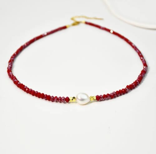 Red Beaded Glass Stones And Cultured Pearl Necklace