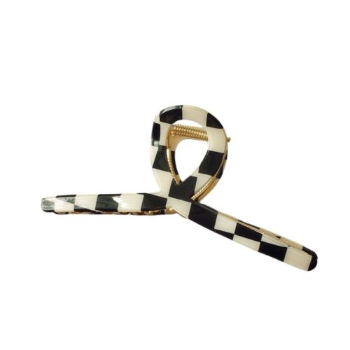 Knot Style Black And White Acetate Checks Pattern With Gold Details Hair Claw