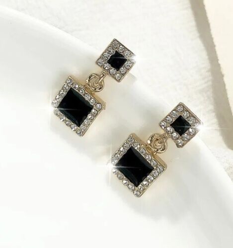 Squares Rhinestone And Black Enamel Drop Earrings