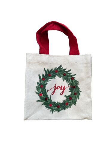 Beige Cotton Canvas Joy Red Sequence Mini Tote Bag