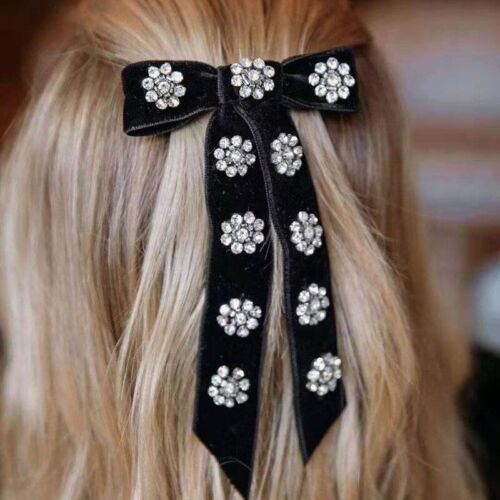 Black velvet hair Barrette/ bow With Floral/flower Rhinestones