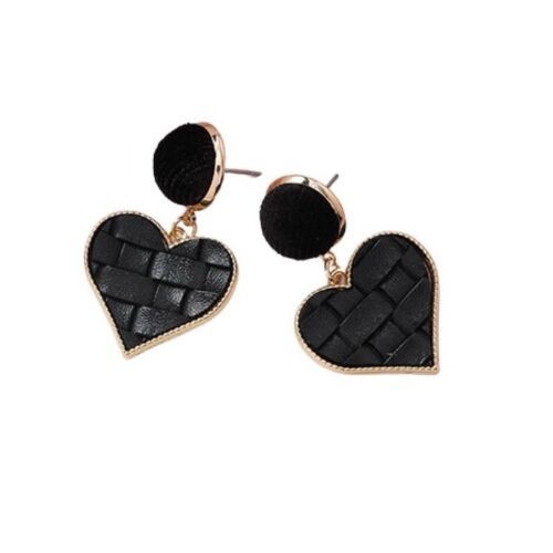 Black Velvet And Faux Leather Heart Drop Earring