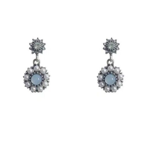 Silver, Green And Blue Glass Stones With Pearls Clip On Drop Earring