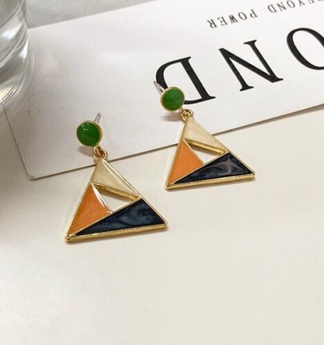 Green Orange Black Triangle Retro Enamel Drop Earrings