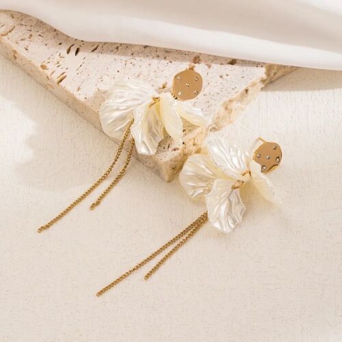 Gold Stainless Steel And White Flower Petals Drop Earring