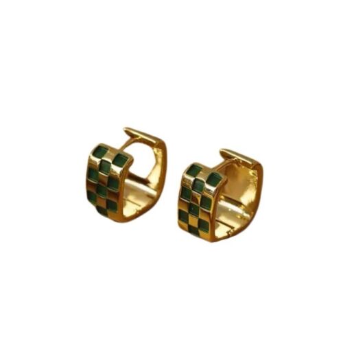 14k Gold Plated Green Checks Square Shape Hoop Earrings