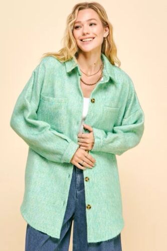 Mint Green Fuzzy Textured Button Up Long Shirt Jacket/Shacket Size S