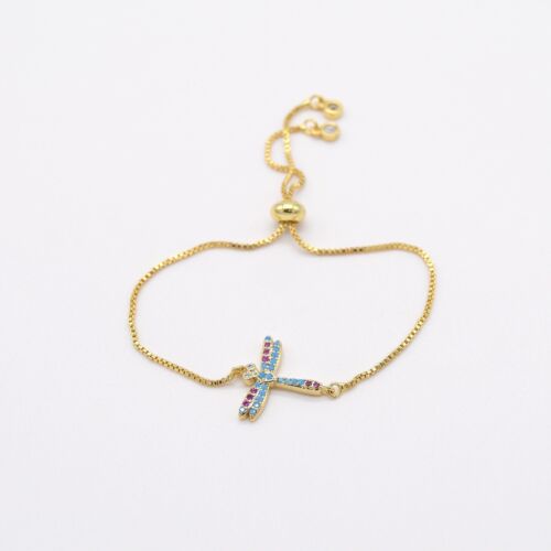 Gold Dragonfly With Colorful Cubic Zircon Adjustable Bracelet