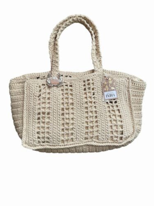 Beige Handmade Crochet With Beaded Crab Charm Beach Bag