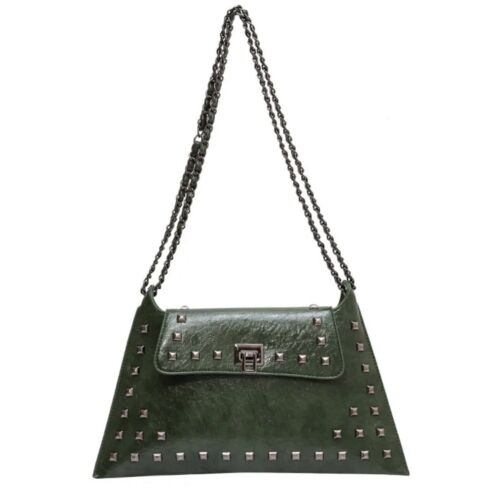 Green Studded Faux Leather With Black Metal Accents Women’s Bag