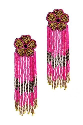 Hot Pink Statement Beaded Floral/Flower Drop Tassel Earring