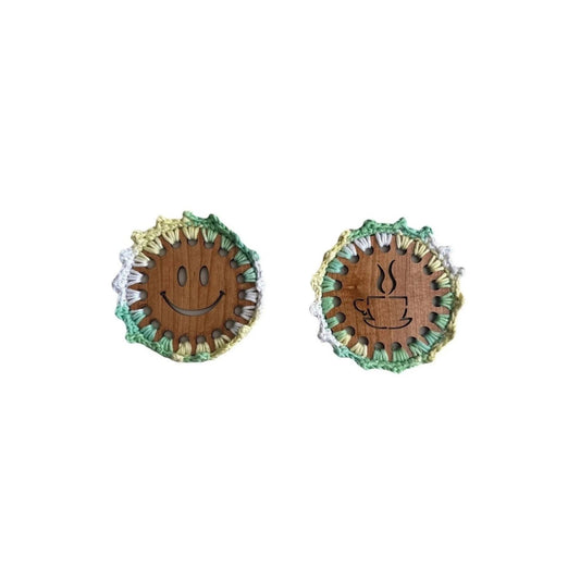 Mint Green Handmade Crochet And Wood Coffee Round Coaster Set