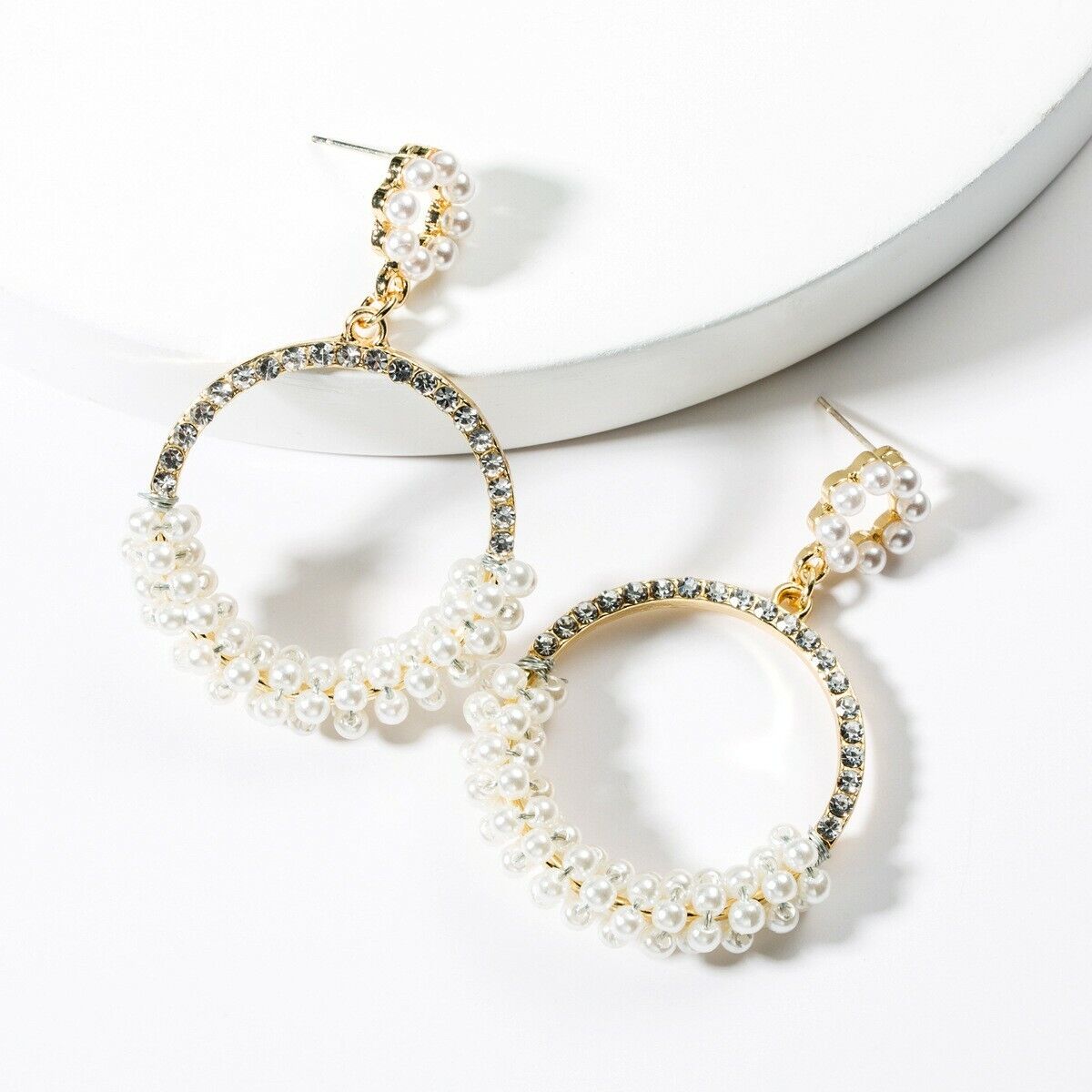 White And Gold PearlsRound Drop Earring