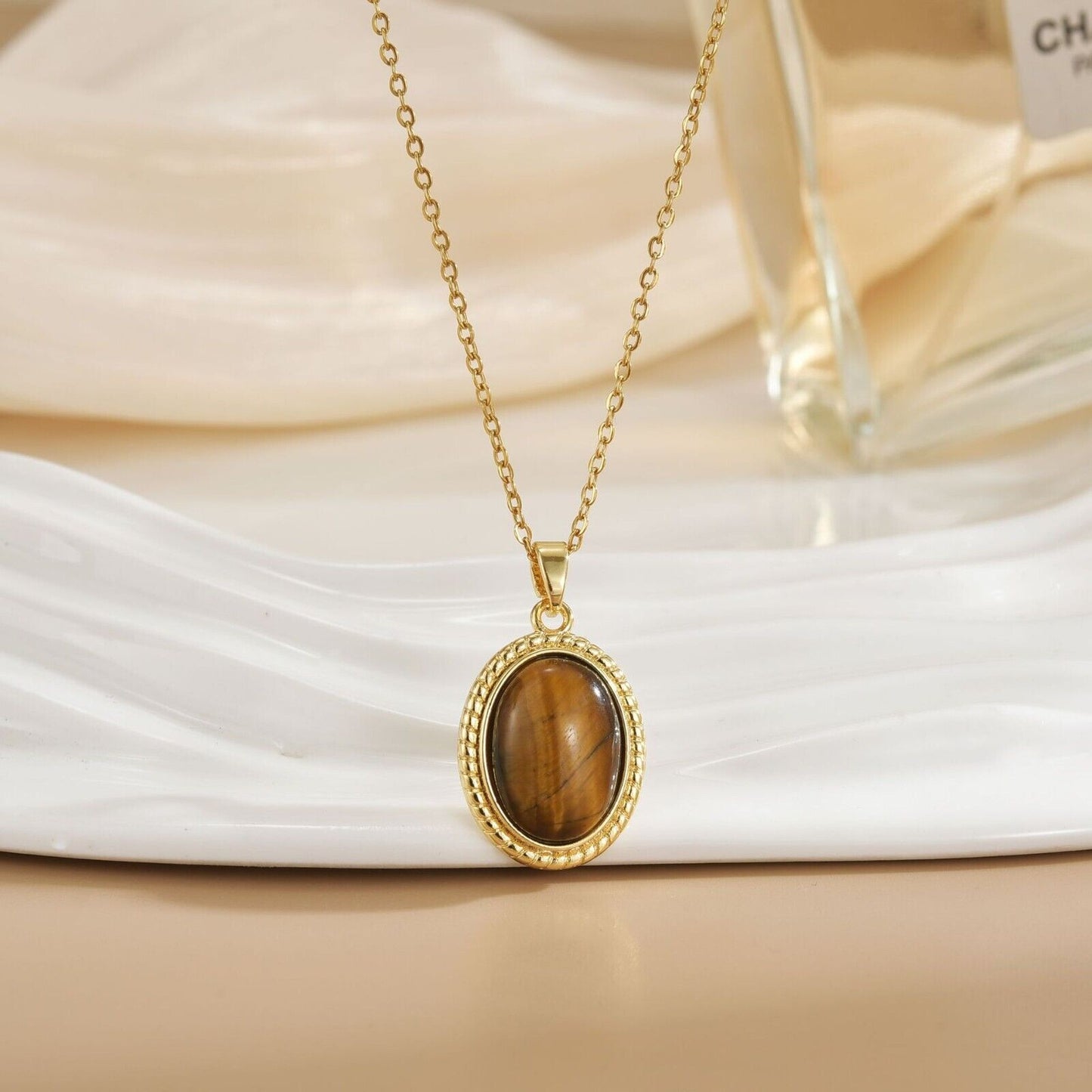 Gold Titanium Steel Tiger Eye Oval Pendant Necklace