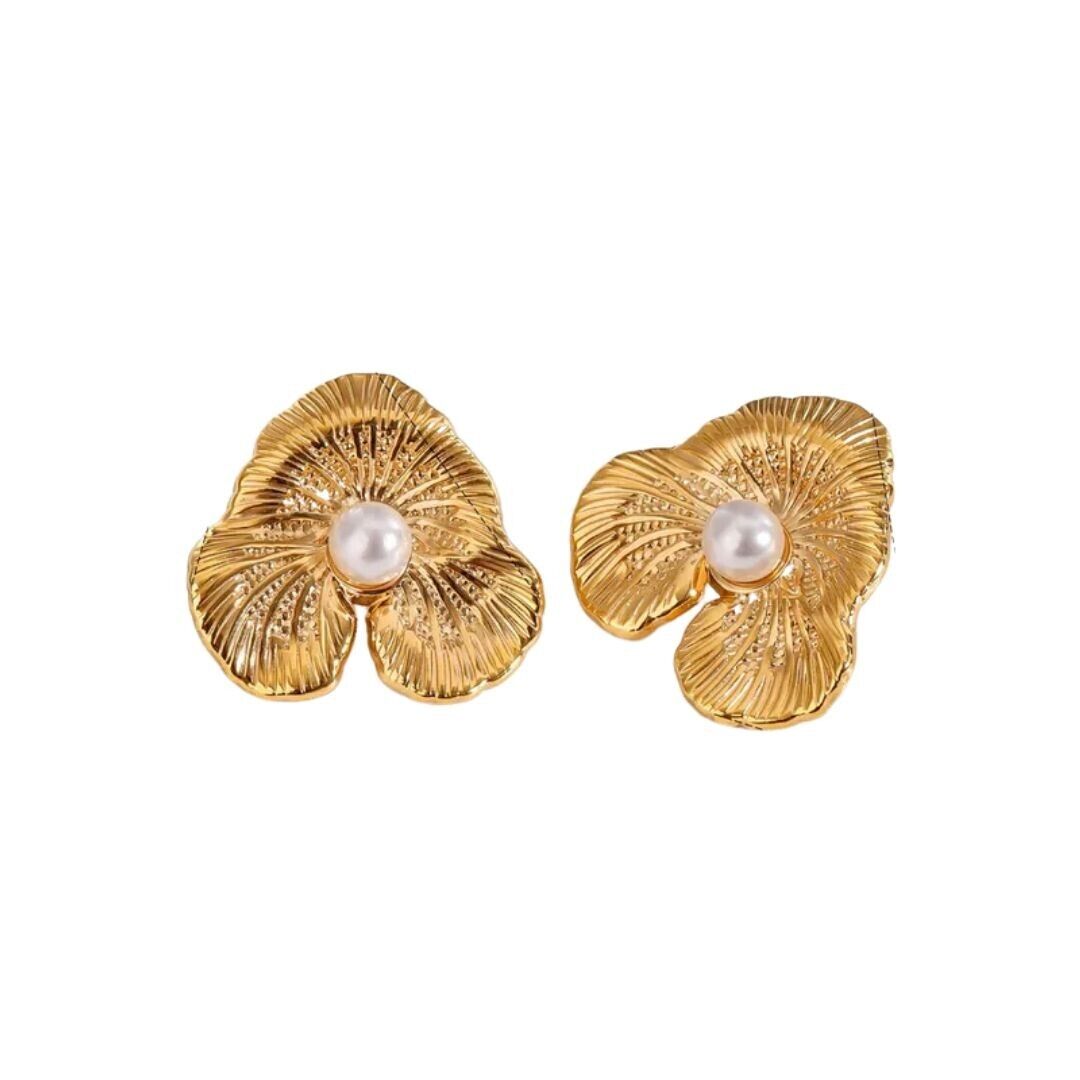 Gold Plated Stainless Steel Pearls Floral Petal Stud Earring