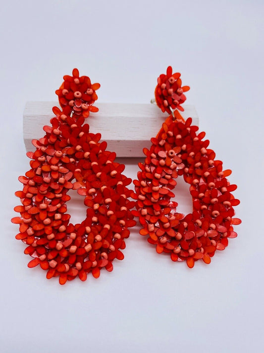 Orange Red Beaded Oval Drop Earring