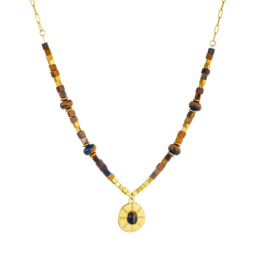 Brown And Gold Stainless Steel Beaded Tiger Eye Stones Pendant Necklace