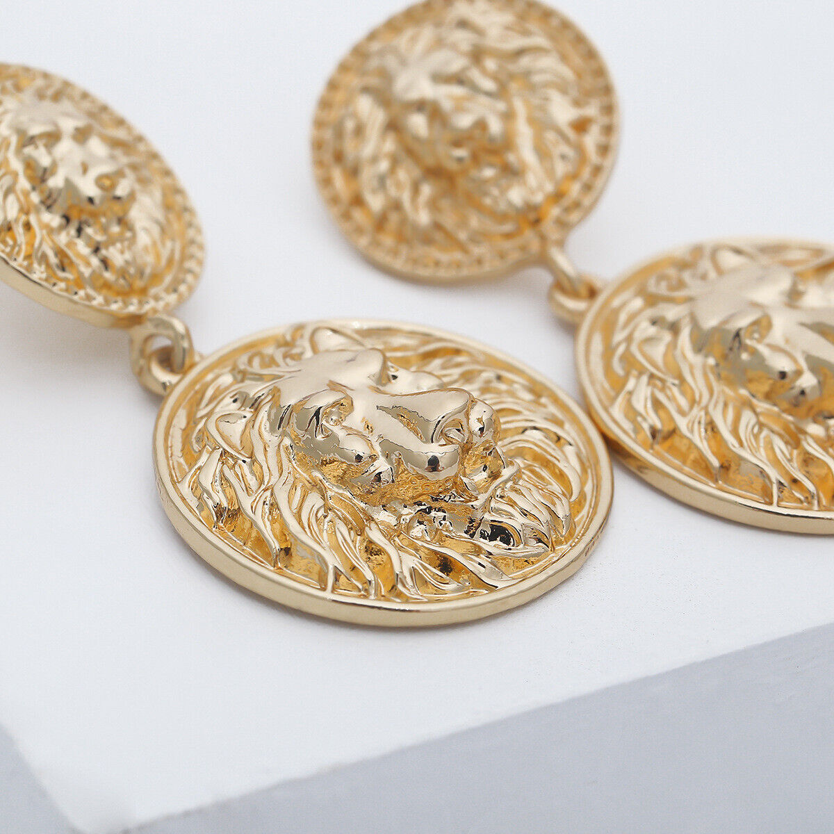 Gold Round Fashion Lion Drop Statement Earring