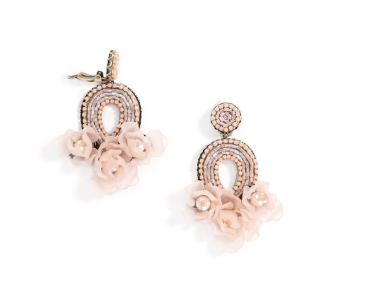 Pink Floral Handmade Statement Clip on Drop Earring