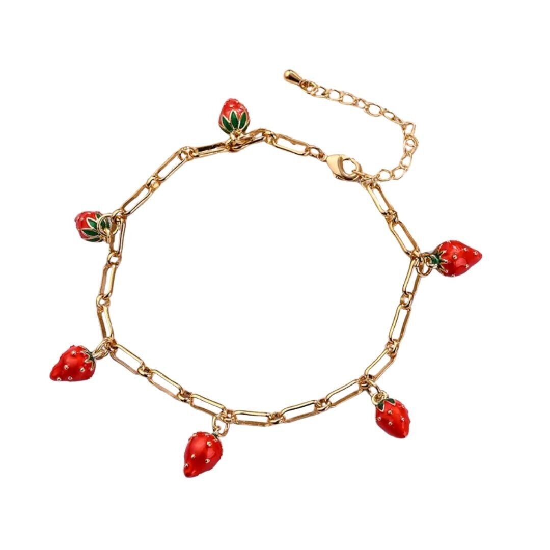 18k Gold Plated Copper Red Enamel Strawberry Charms Bracelet