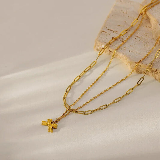 Gold Plated Stainless Bow Pendant Double Chain Necklace