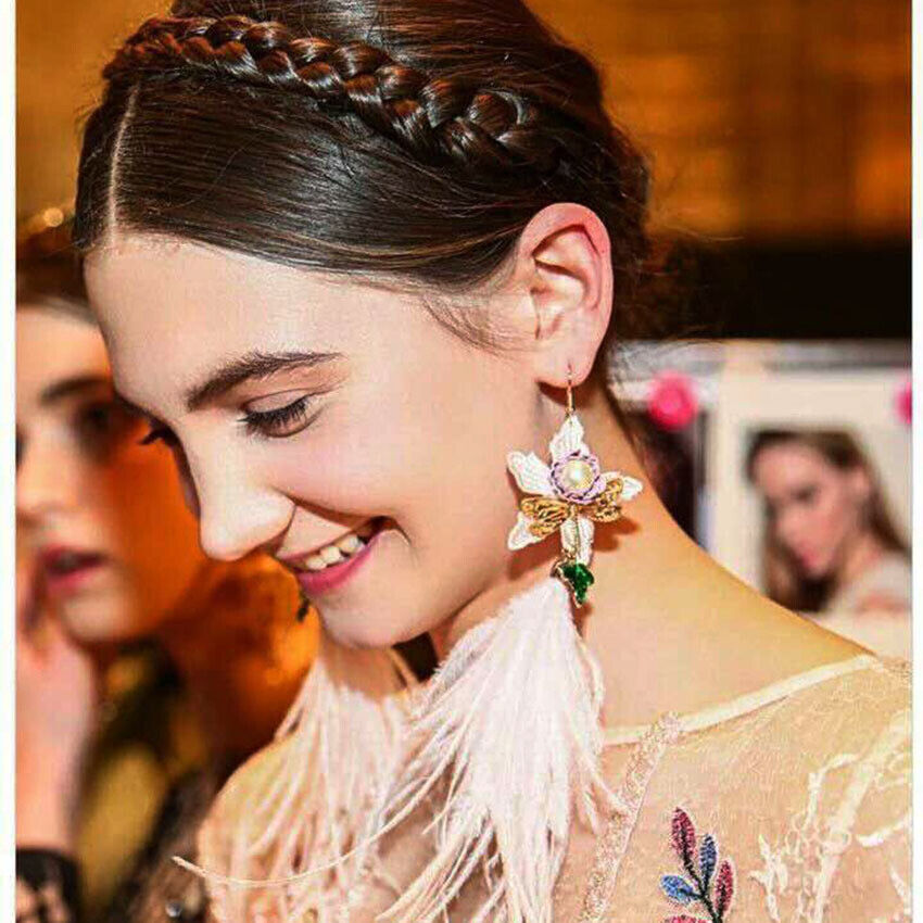 Light Pink Faux Feathers, Lace And Pearl Flower Drop Earrings