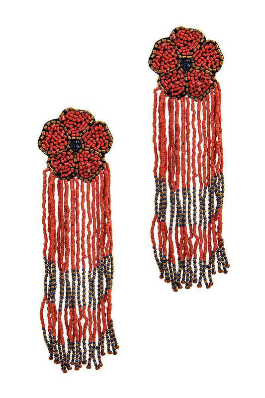 Statement Beaded Floral/Flower Drop Tassel Earring