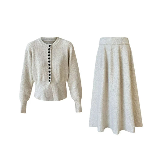 Alpaca Wool Beige/White Cozy Knit 2 Piece Skirt And Sweater Set